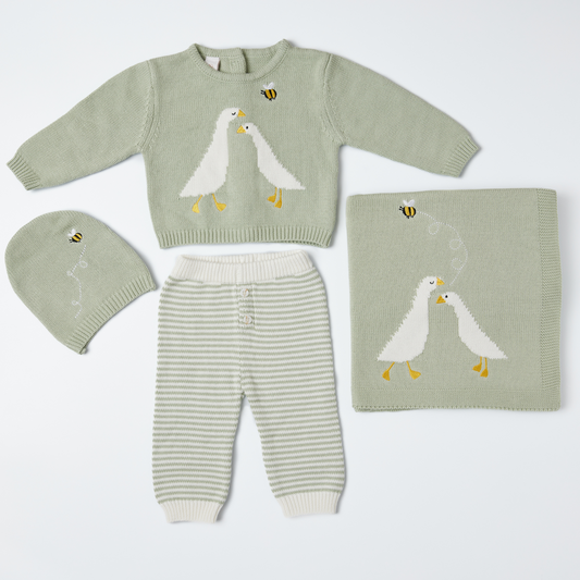 Conjunto tejido patos verde con cobija