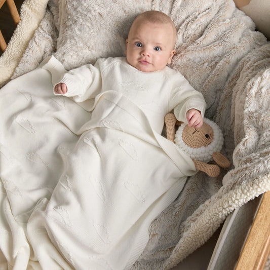 conjunto tejido nubes blancas bebe y cobija compañera 